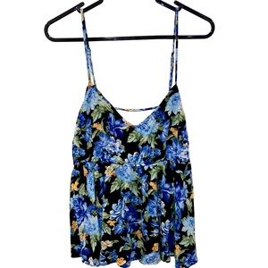 Black And Blue Floral Spaghetti Strap Peplum Tank Blouse With Cut Out. Size M.